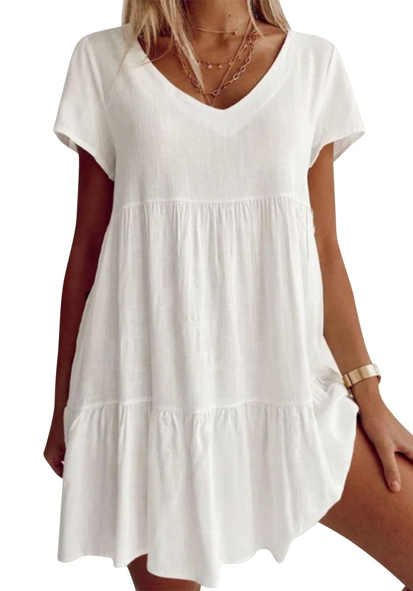 🎁Last Day Sale 50% Plus Size Cotton-Blend V Neck Casual Short Sleeve Weaving Dress