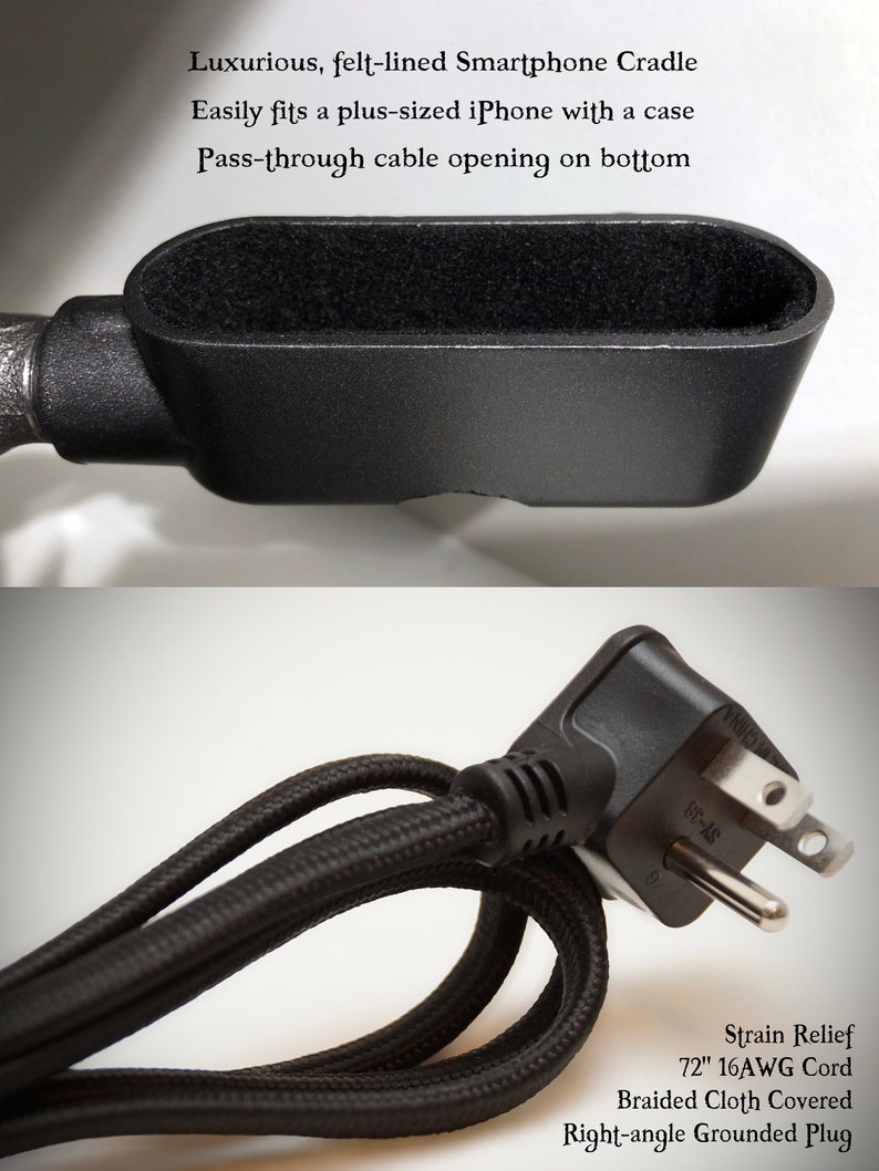 Robot Steampunk Industrial Pipe Desk Lamp with Dimmer, AC & USB outlets, Smartphone Charging Cradle, optional Apple Watch Charger Nightstand