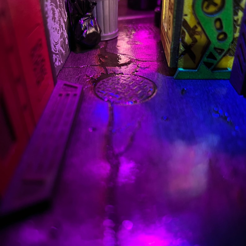 MINIALLEY  Cyberpunk Futuristic Alleyway Booknook - Handmade and Assembled - Unique Illusions and LED Lighting -  Perfect for Home Decor