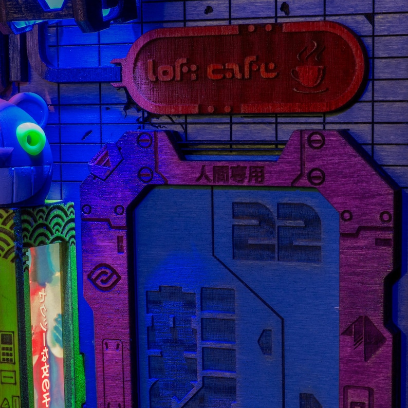 MINIALLEY  Cyberpunk Futuristic Alleyway Booknook - Handmade and Assembled - Unique Illusions and LED Lighting -  Perfect for Home Decor