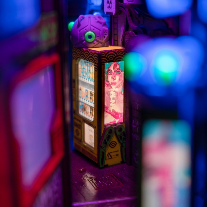 MINIALLEY  Cyberpunk Futuristic Alleyway Booknook - Handmade and Assembled - Unique Illusions and LED Lighting -  Perfect for Home Decor