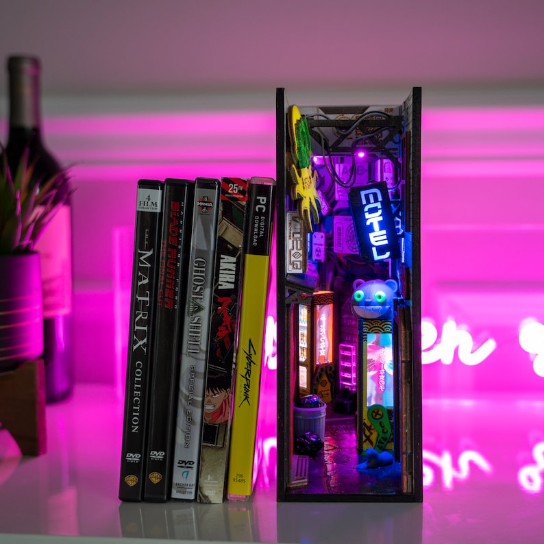 MINIALLEY  Cyberpunk Futuristic Alleyway Booknook - Handmade and Assembled - Unique Illusions and LED Lighting -  Perfect for Home Decor