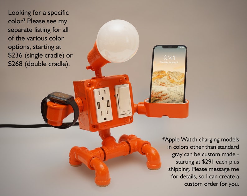 Robot Steampunk Industrial Pipe Desk Lamp with Dimmer, AC & USB outlets, Smartphone Charging Cradle, optional Apple Watch Charger Nightstand