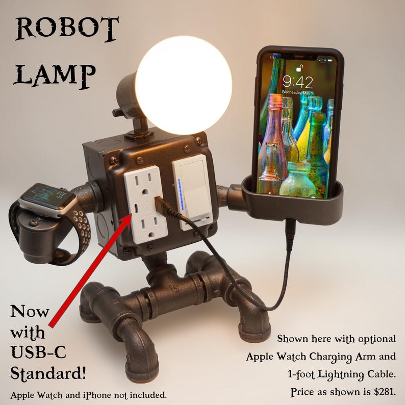 Robot Steampunk Industrial Pipe Desk Lamp with Dimmer, AC & USB outlets, Smartphone Charging Cradle, optional Apple Watch Charger Nightstand