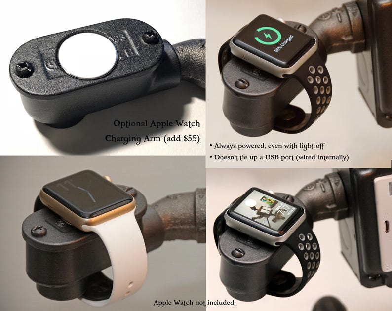 Robot Steampunk Industrial Pipe Desk Lamp with Dimmer, AC & USB outlets, Smartphone Charging Cradle, optional Apple Watch Charger Nightstand