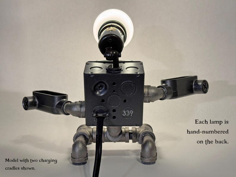 Robot Steampunk Industrial Pipe Desk Lamp with Dimmer, AC & USB outlets, Smartphone Charging Cradle, optional Apple Watch Charger Nightstand