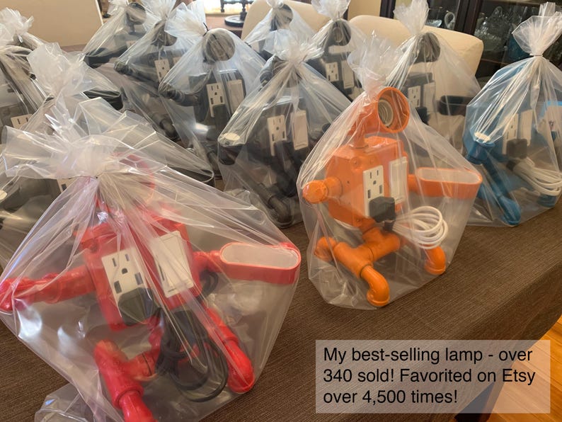 Robot Steampunk Industrial Pipe Desk Lamp with Dimmer, AC & USB outlets, Smartphone Charging Cradle, optional Apple Watch Charger Nightstand