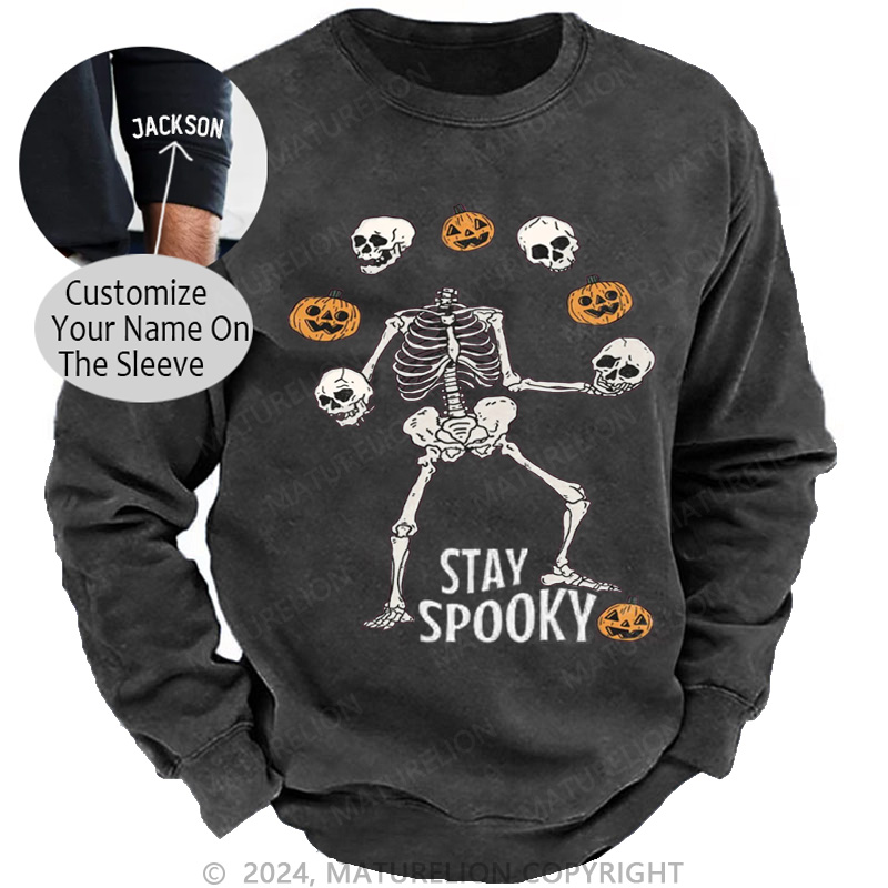 Maturelion Men's Sweatshirt Stay Spooky Skeleton Washed Sweatshirts