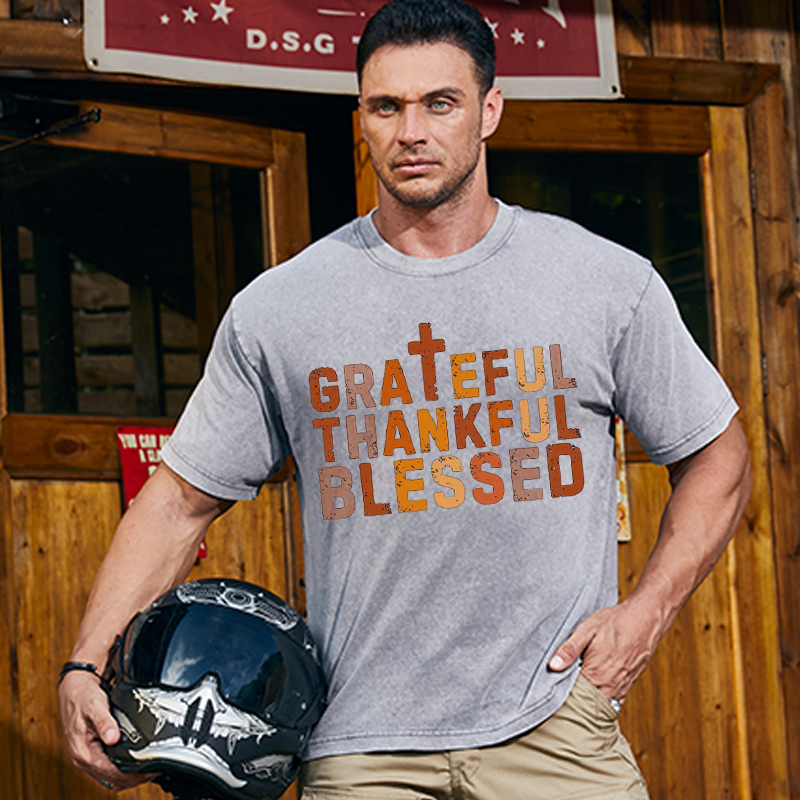 Maturelion Men's T-Shirt Grateful Thankful Blessed Cotton T-Shirt