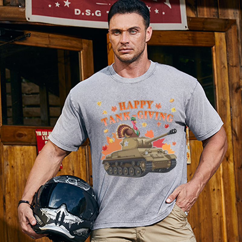 Maturelion Men's T-Shirt Happy Tank-Giving Veteran Gift Patriotic Thanksgiving Humor for Army Fans Turkey Day Cotton T-Shirt