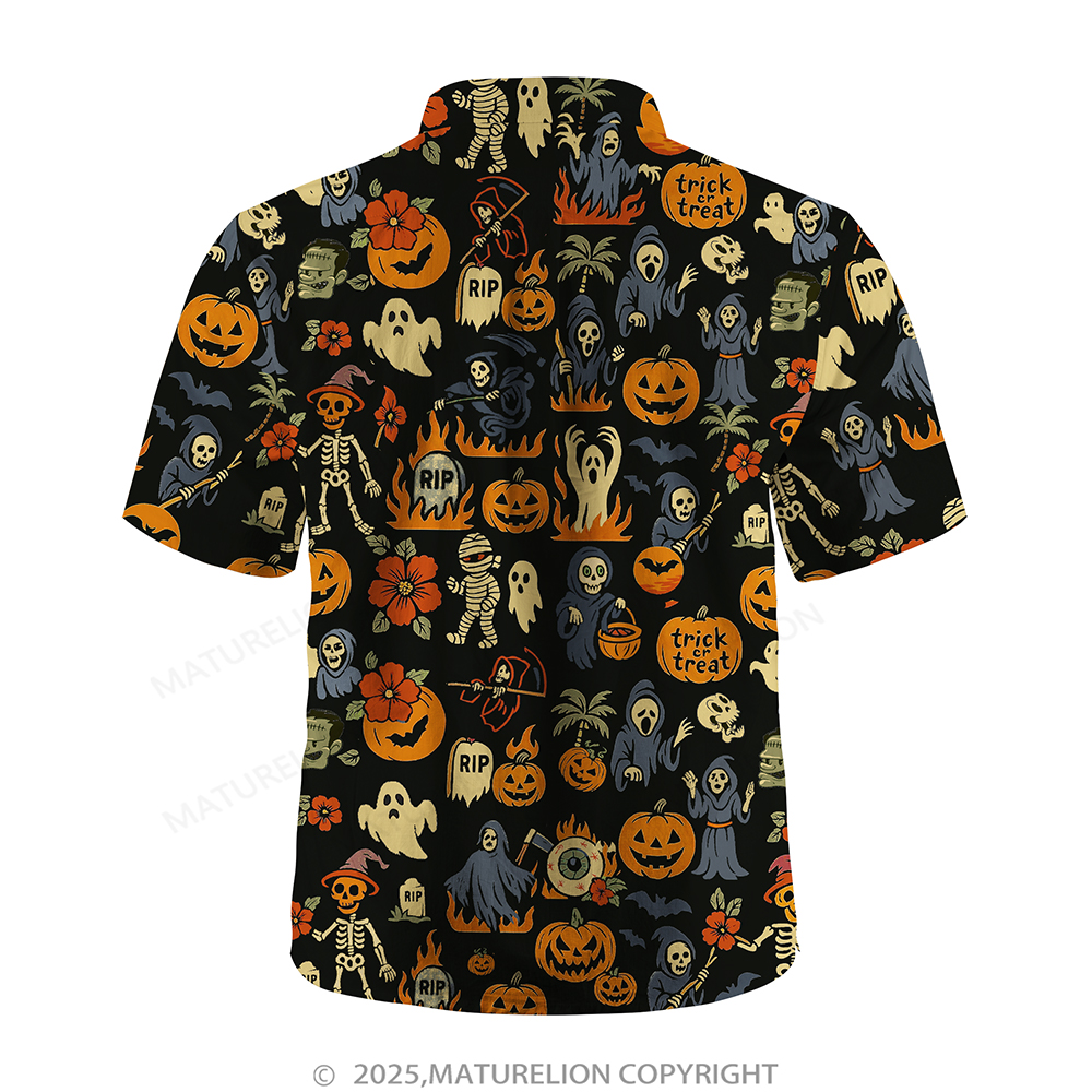 Maturelion Halloween Hawaiian Shirt Ghost & Pumpkin Print Hawaiian Shirt