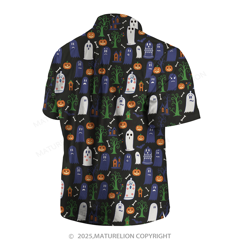 Maturelion Halloween Hawaiian Shirt Ghost & Pumpkin Print Hawaiian Shirt