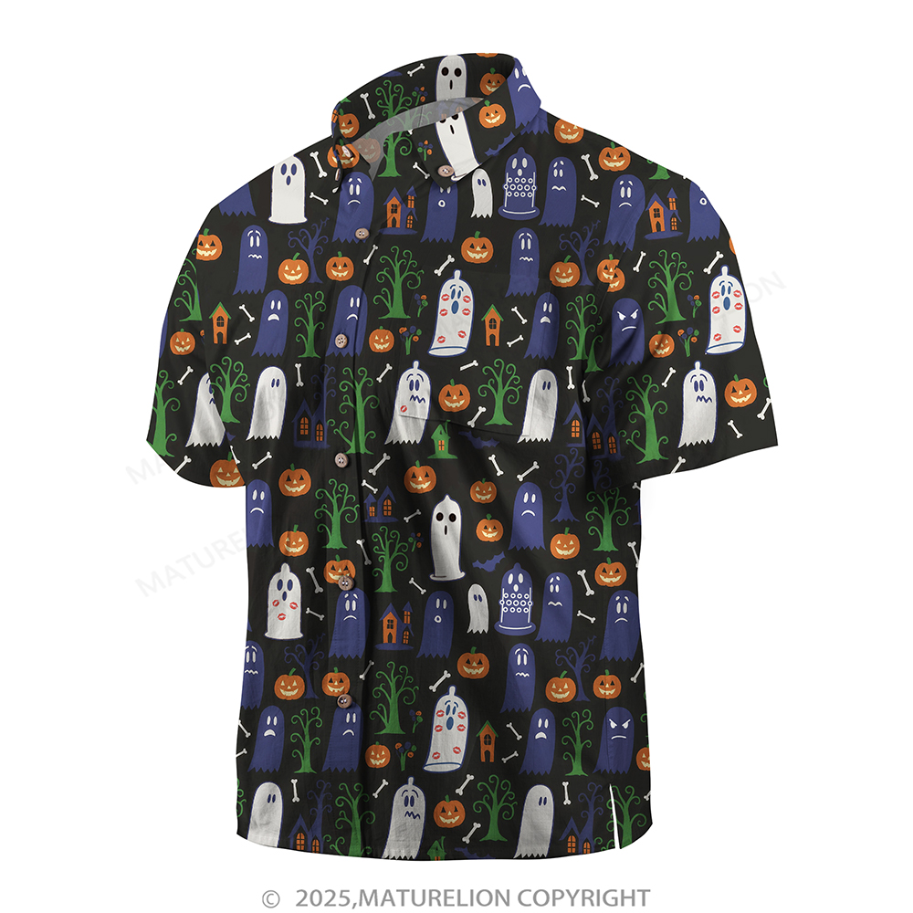 Maturelion Halloween Hawaiian Shirt Ghost & Pumpkin Print Hawaiian Shirt