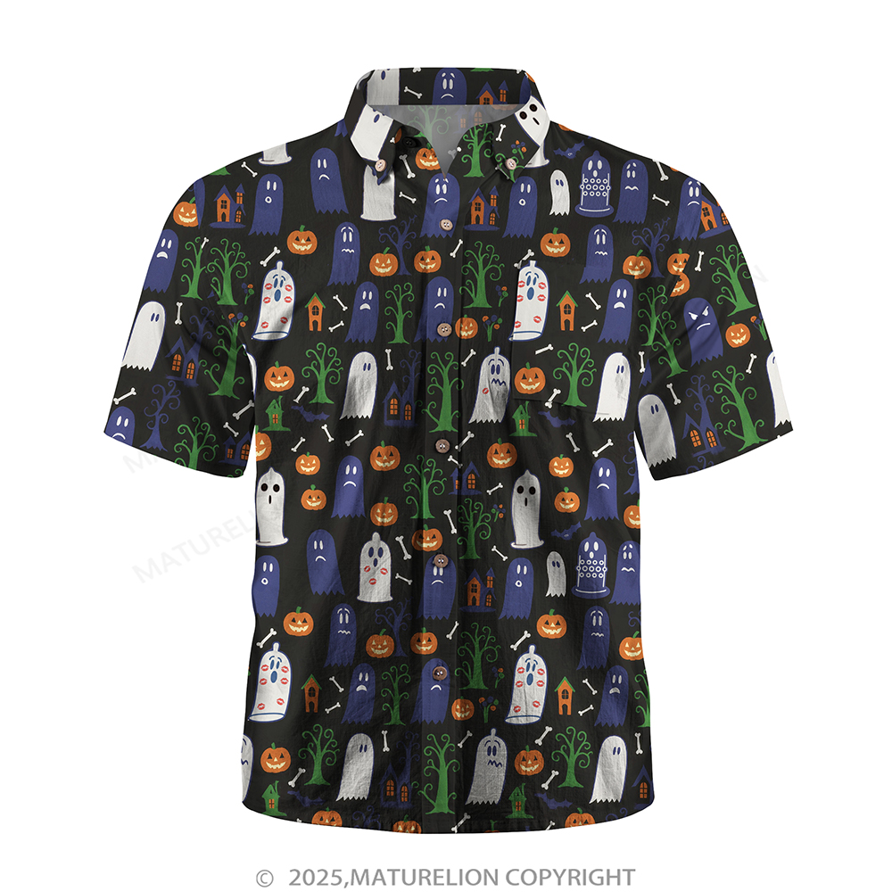 Maturelion Halloween Hawaiian Shirt Ghost & Pumpkin Print Hawaiian Shirt