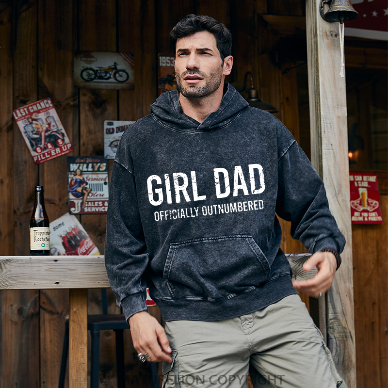 Maturelion Girl Dad Officially Outnumbered Funny Gift DTG Printing Washed Hoodie
