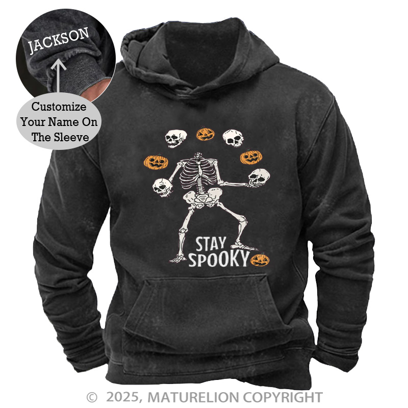 Maturelion Men's Hoodie Stay Spooky Skeleton Washed Hoodie