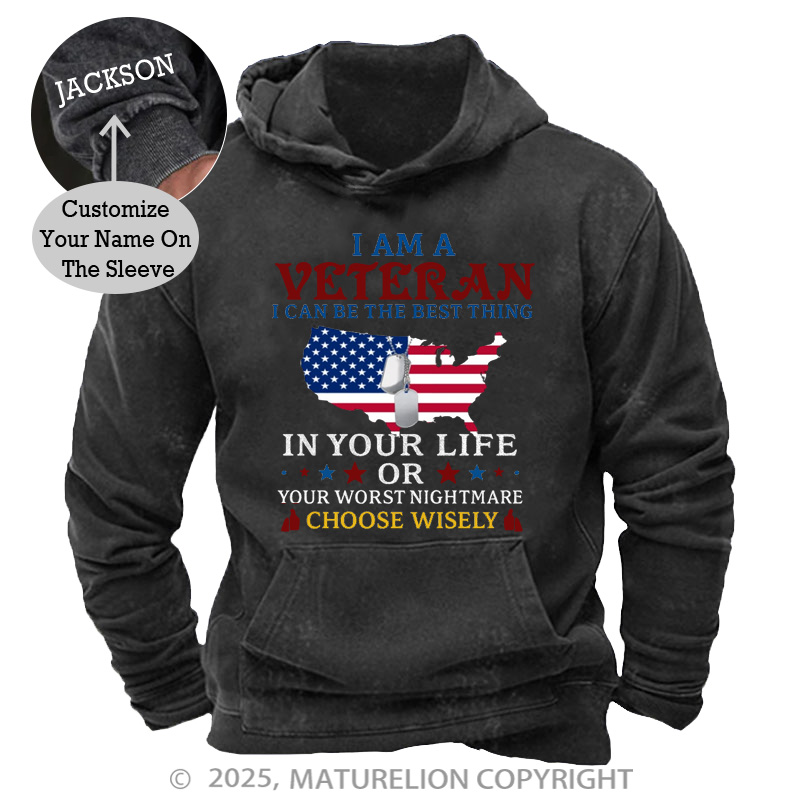 Maturelion Men's Hoodie I Am A Veteran Best Thing Or Worst Nightmare Washed Hoodie