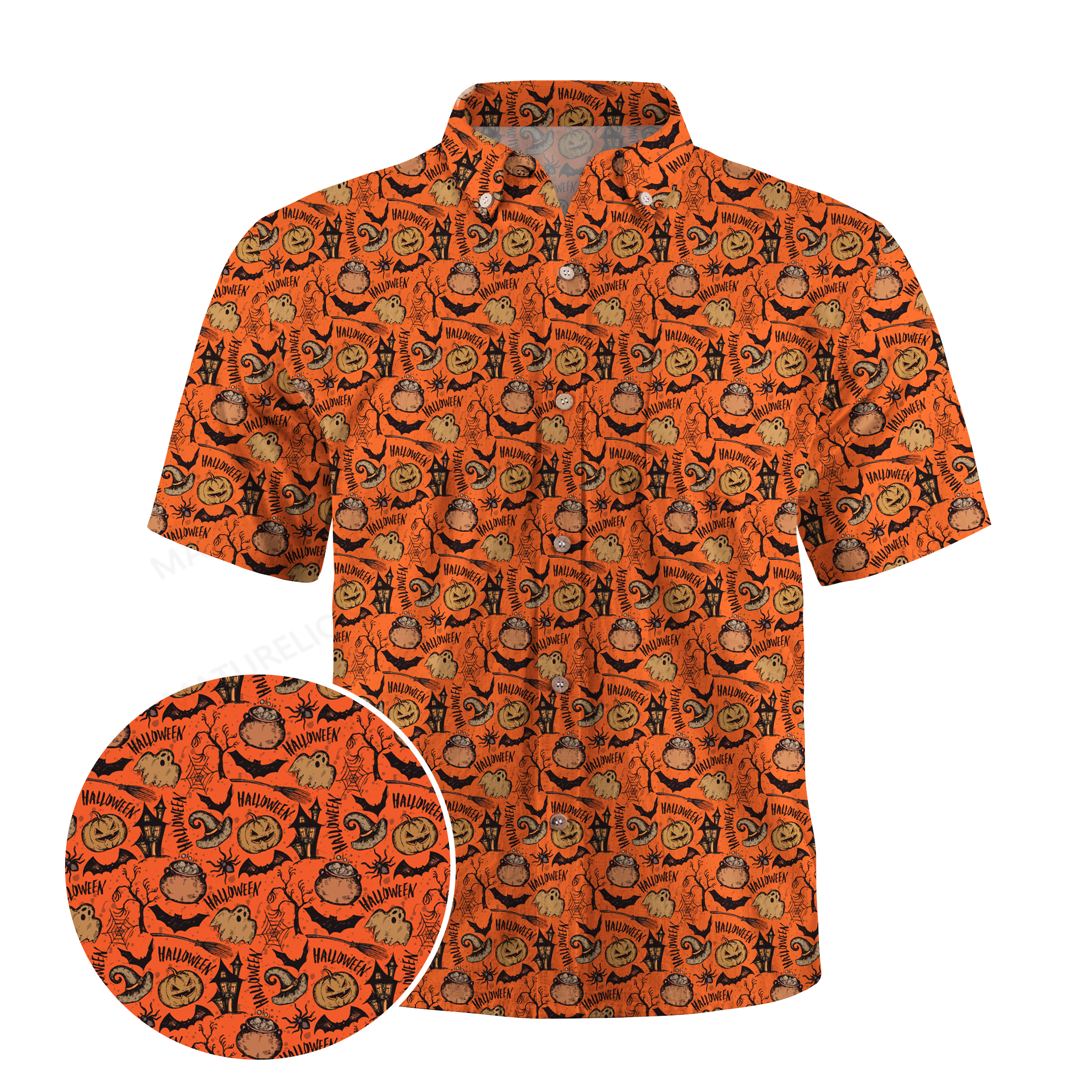 Maturelion A spooky ghost town with pumpkins, bats, and castles in Halloween Hawaiian Shirt
