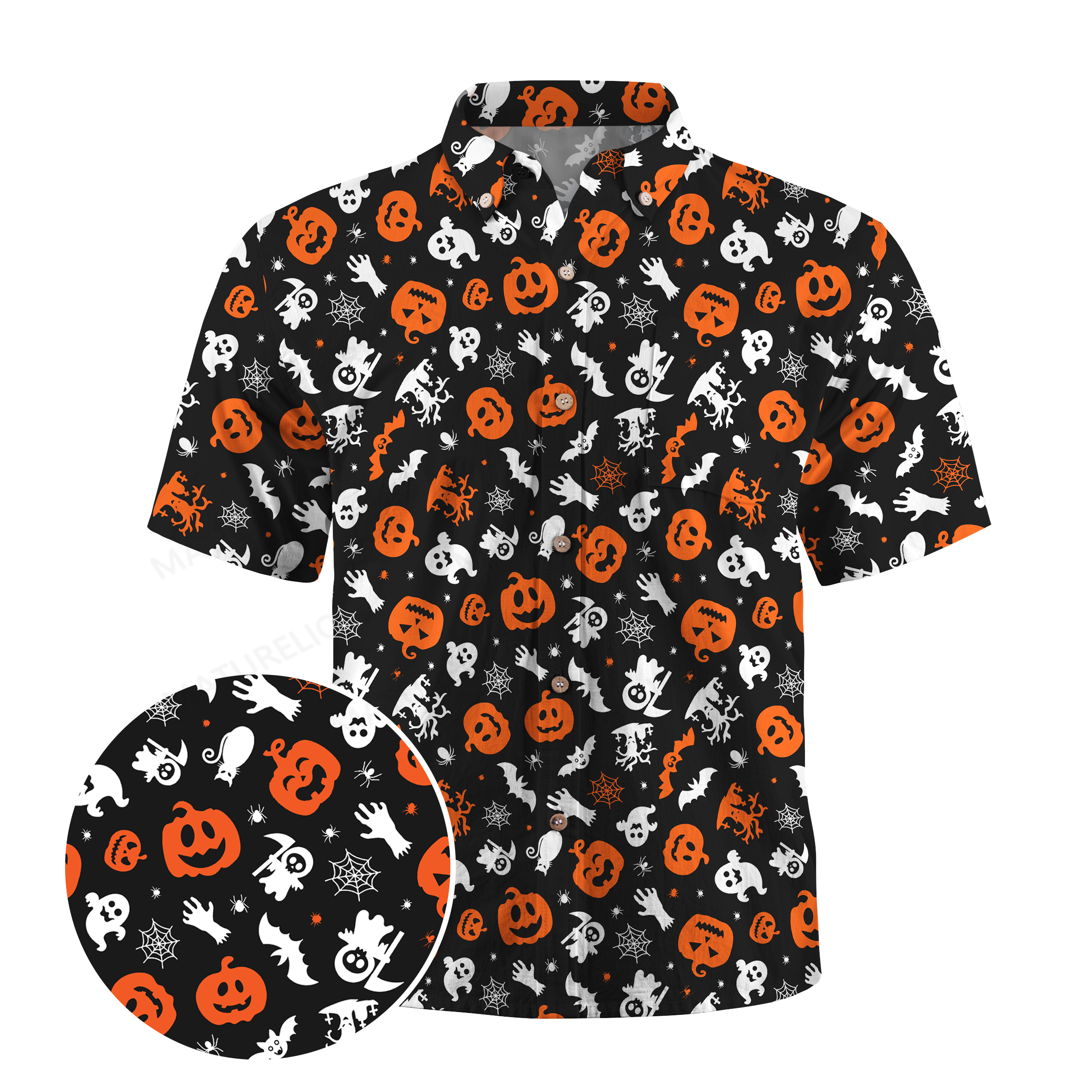 Maturelion Orange Festival Endless pumpkins, bats, spiders, ghosts, bones, candies and spider webs Halloween Hawaiian Shirt