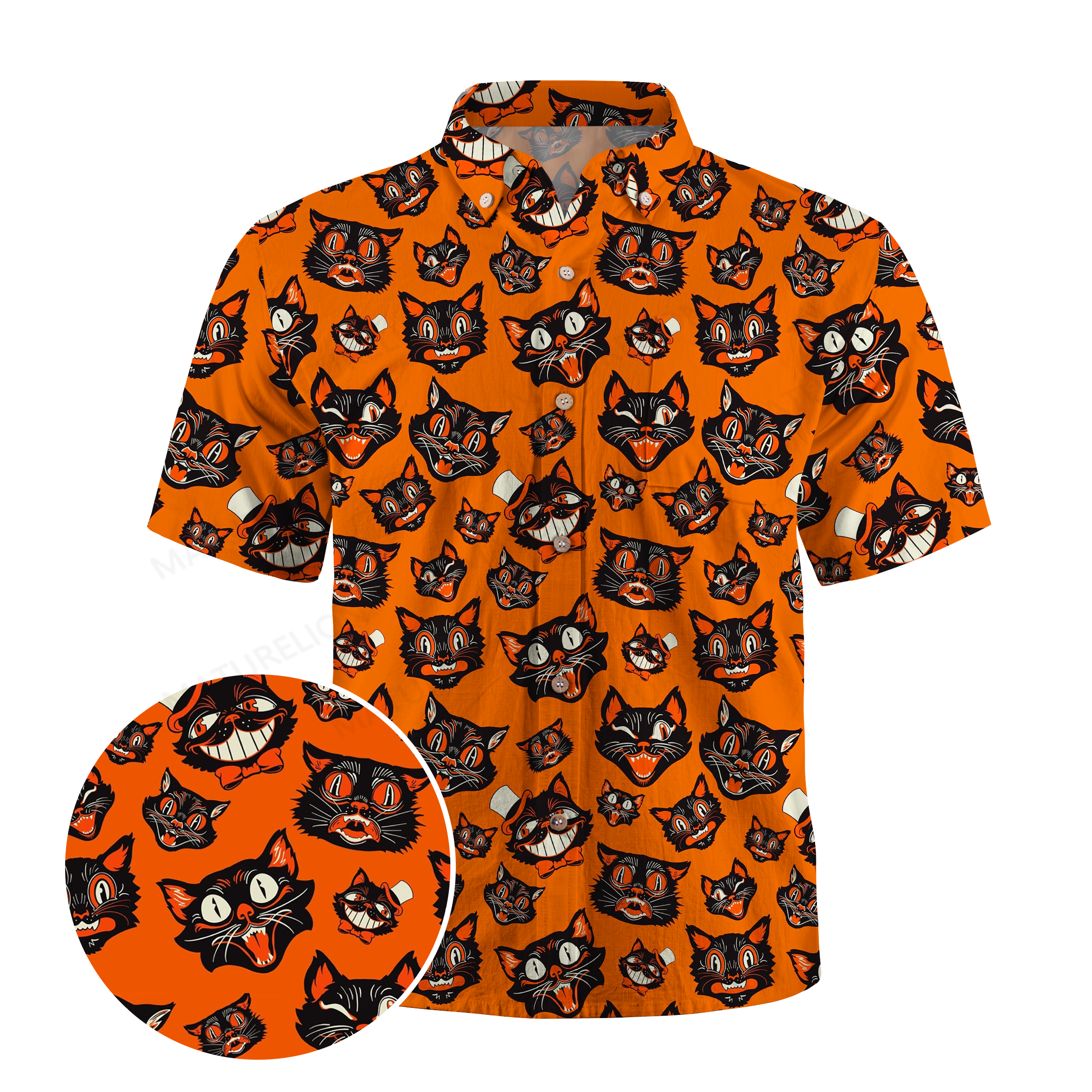 Maturelion Retro Vintage Halloween Black Cat Faces Hawaiian Shirt