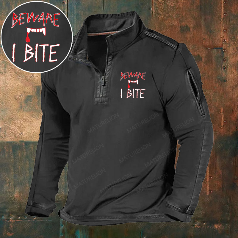Maturelion Men's Beware I Bite Halloween Henley Shirt