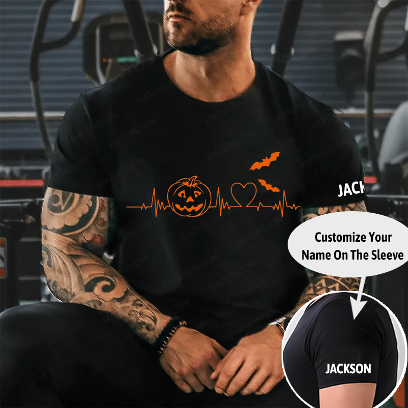 Maturelion Men's T-Shirt Halloween Pumpkin Heartbeat Fall Spooky Season Thanksgiving Cotton T-Shirt
