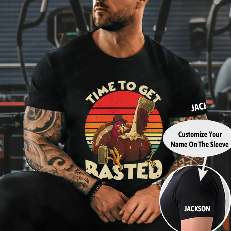 Maturelion Men's T-Shirt Turkey Day Time To Get Basted Retro Happy Thanksgiving Cotton T-Shirt