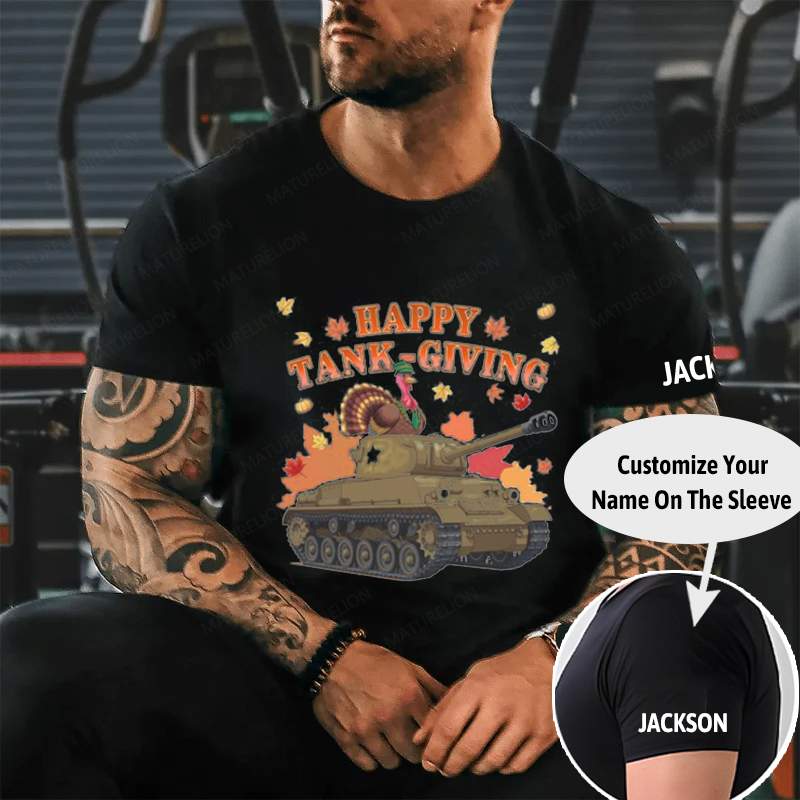 Maturelion Men's T-Shirt Happy Tank-Giving Veteran Gift Patriotic Thanksgiving Humor for Army Fans Turkey Day Cotton T-Shirt