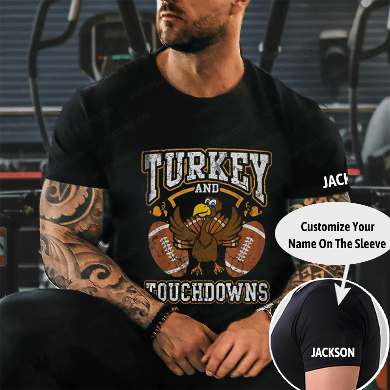 Maturelion Men's T-Shirt Turkey And Touchdowns Thanksgiving Cotton T-Shirt