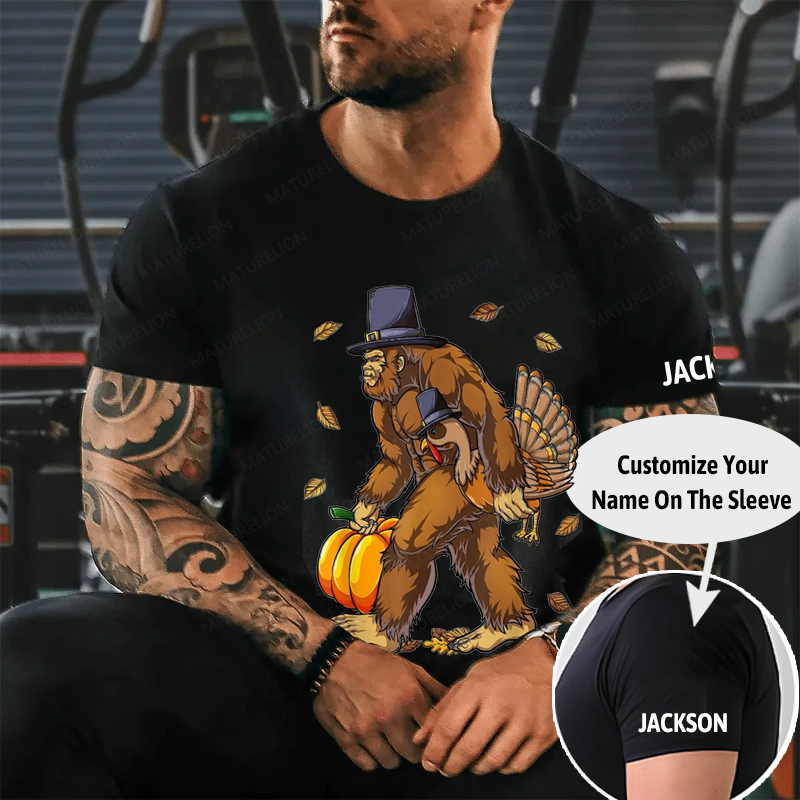 Maturelion Men's T-Shirt Bigfoot Turkey Pumpkin Thanksgiving Cotton T-Shirt