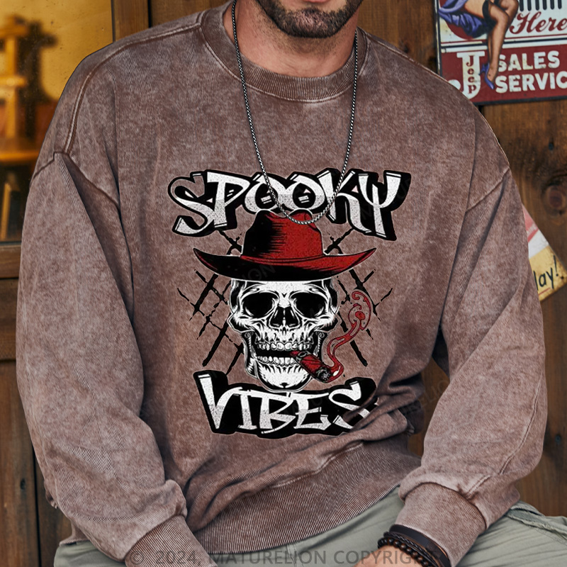 Maturelion Men's Sweatshirt Spooky Cowboy Washed Sweatshirts
