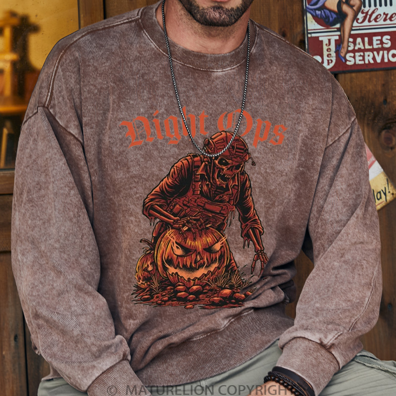 Maturelion Men's Sweatshirt Night Ops Halloween Washed Sweatshirts