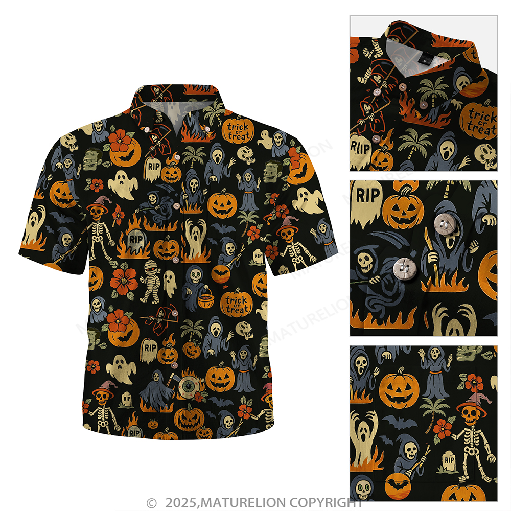 Maturelion Halloween Hawaiian Shirt Ghost & Pumpkin Print Hawaiian Shirt