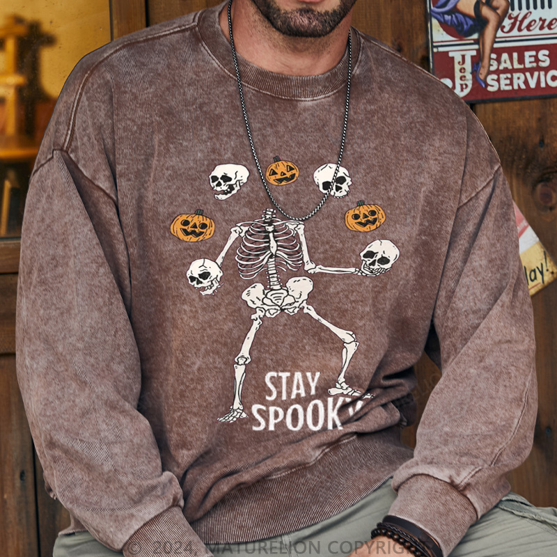 Maturelion Men's Sweatshirt Stay Spooky Skeleton Washed Sweatshirts