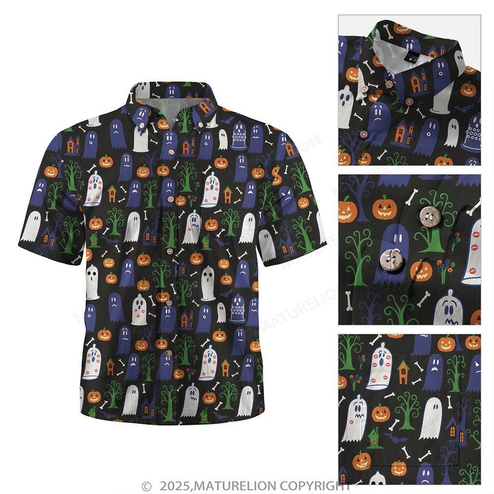 Maturelion Halloween Hawaiian Shirt Ghost & Pumpkin Print Hawaiian Shirt