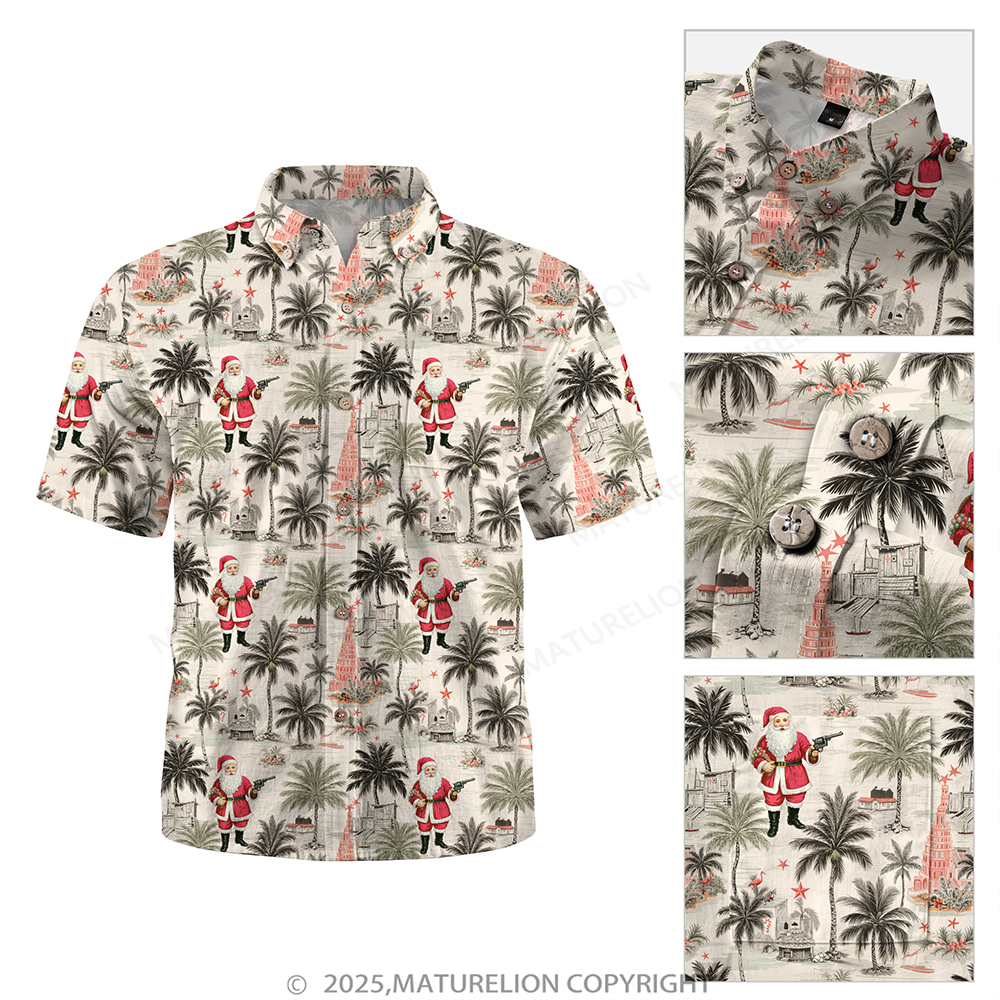 Maturelion Christmas Hawaiian Shirt White Tropical Santa with Palm Tree Hawaiian Shirt