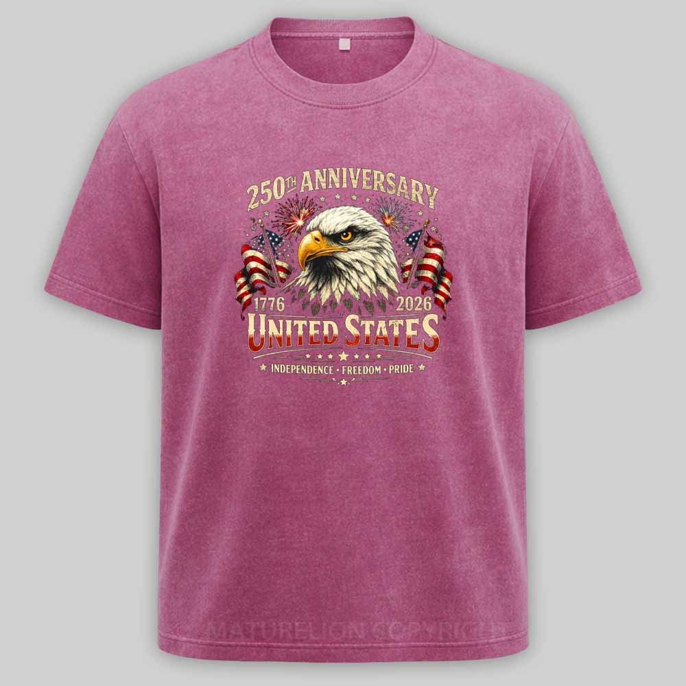 Maturelion 250 Years Anniversary Usa American Flag 1776 2026 Patriotic Washed T-shirt