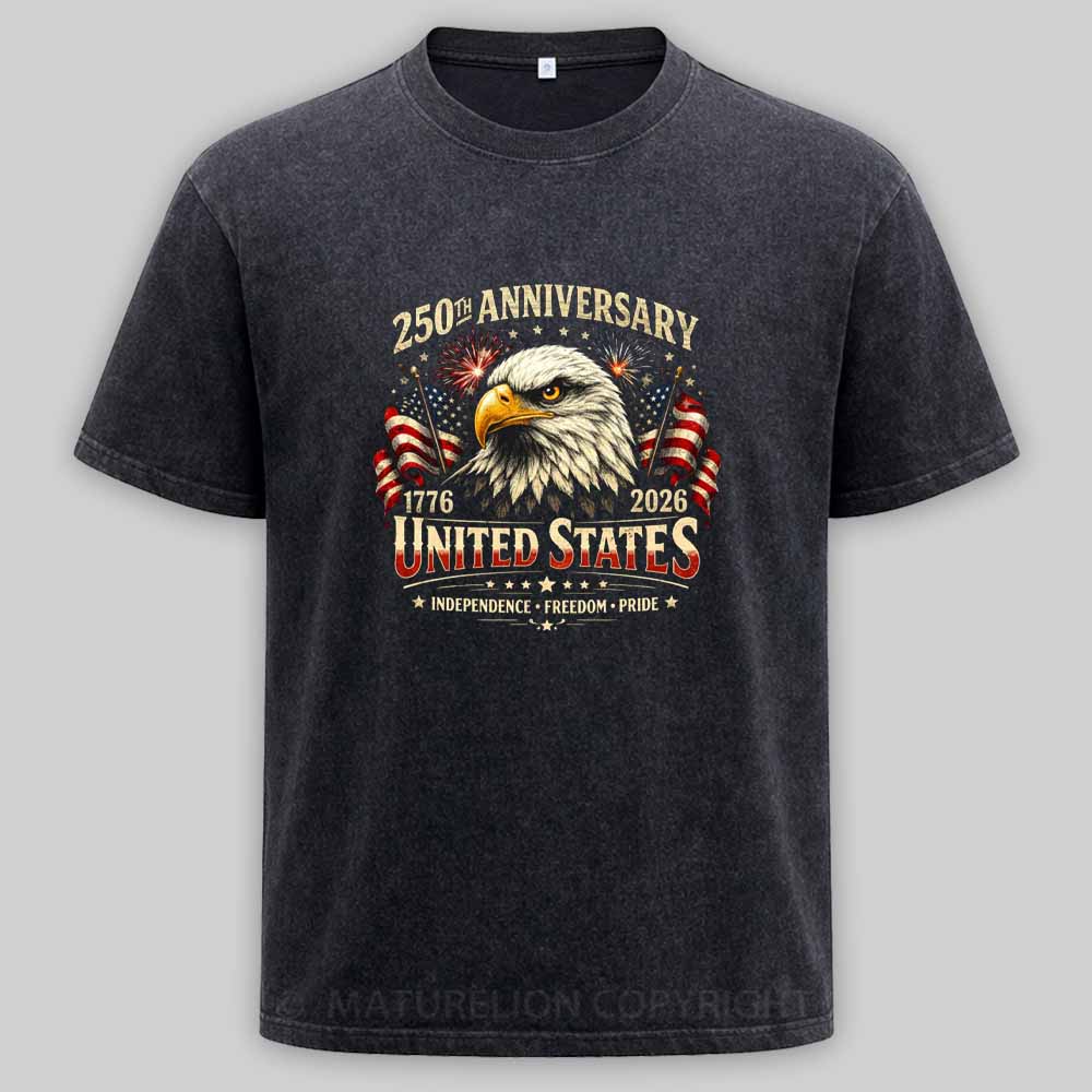 Maturelion 250 Years Anniversary Usa American Flag 1776 2026 Patriotic Washed T-shirt