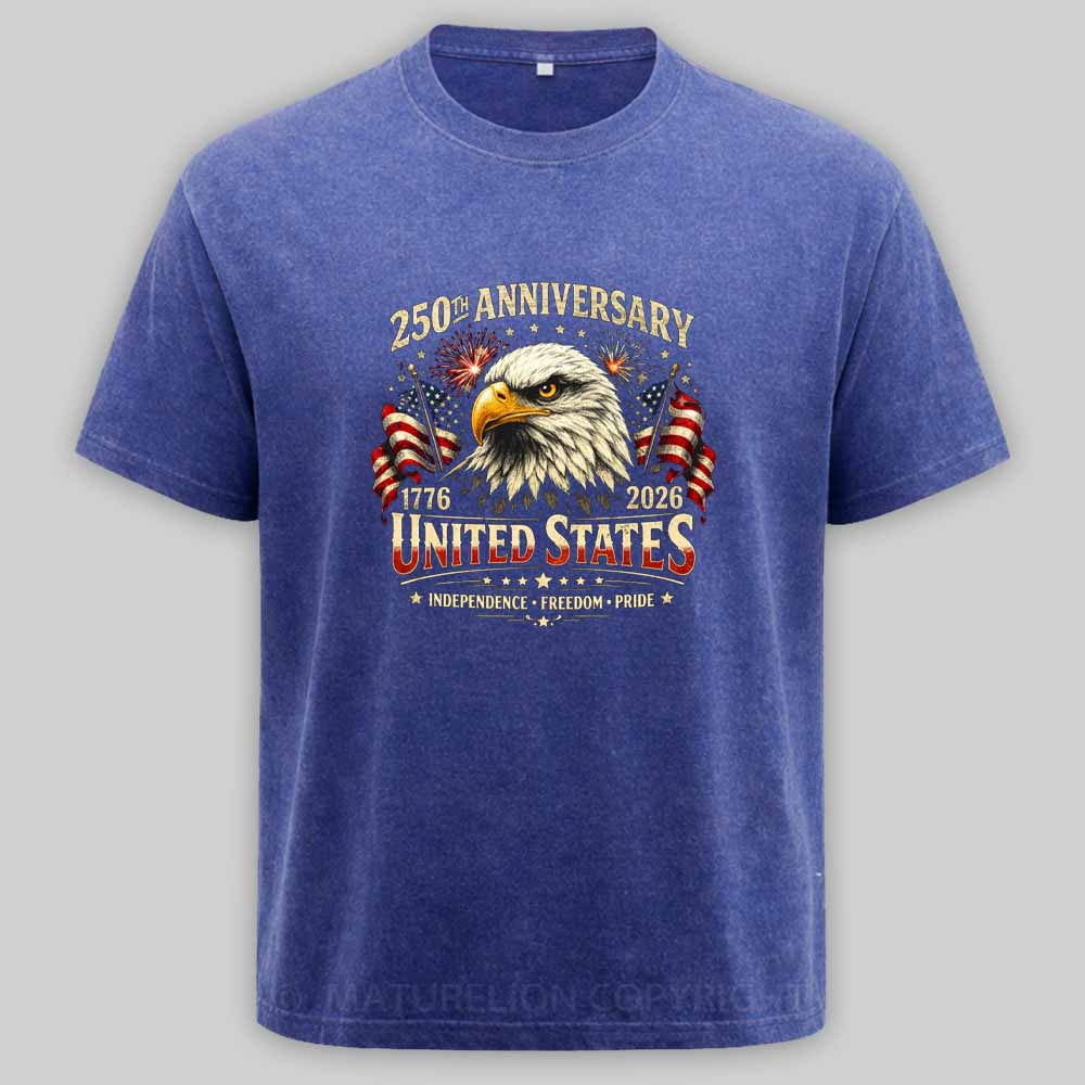 Maturelion 250 Years Anniversary Usa American Flag 1776 2026 Patriotic Washed T-shirt