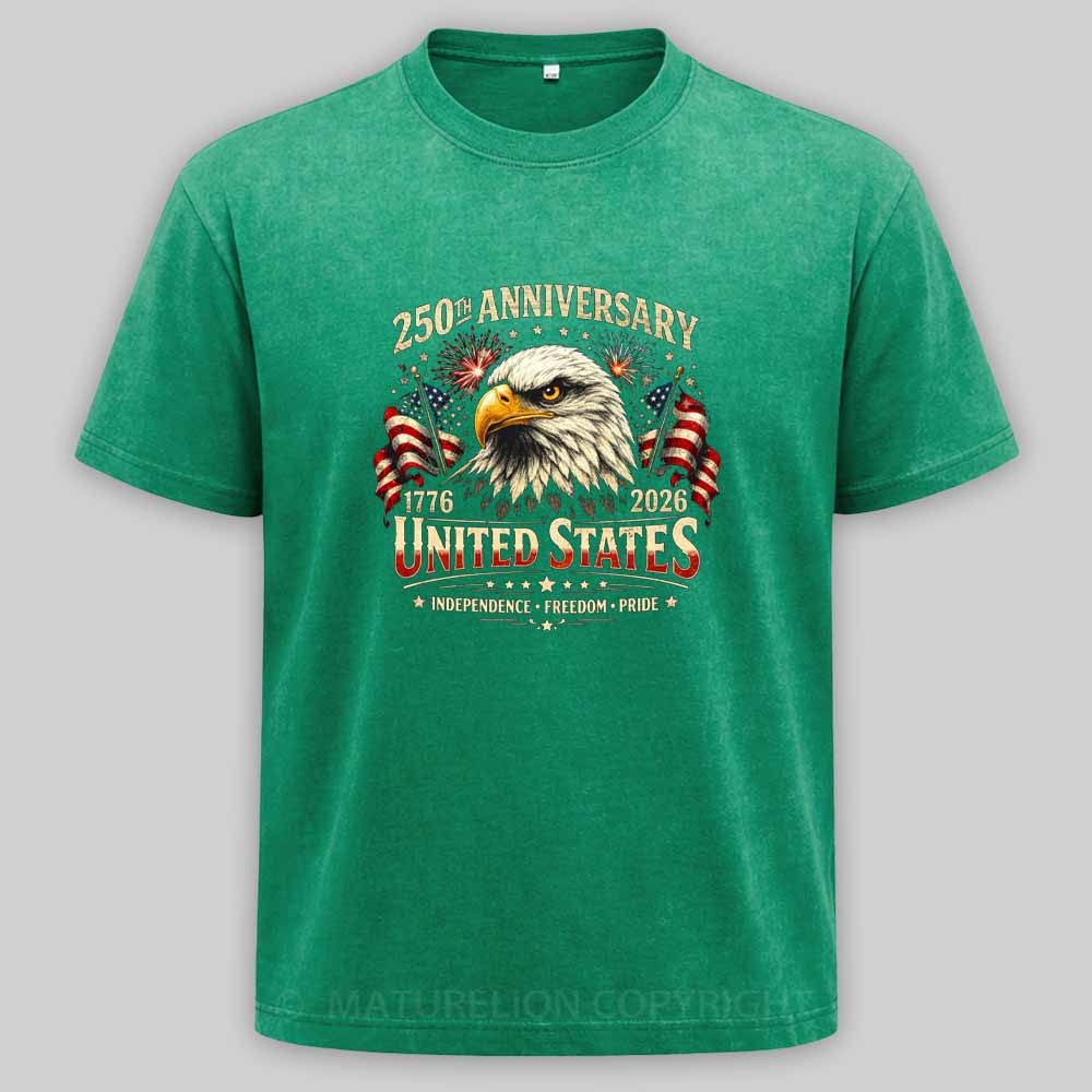 Maturelion 250 Years Anniversary Usa American Flag 1776 2026 Patriotic Washed T-shirt