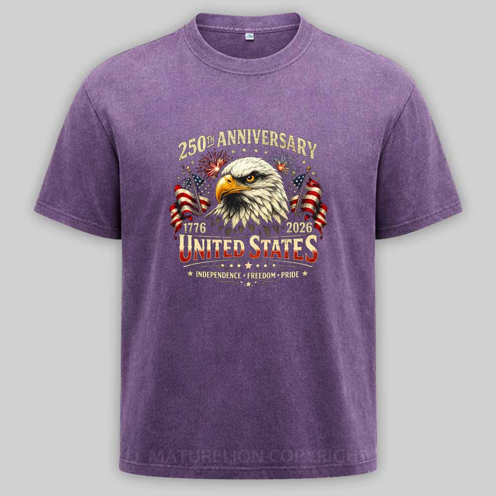 Maturelion 250 Years Anniversary Usa American Flag 1776 2026 Patriotic Washed T-shirt