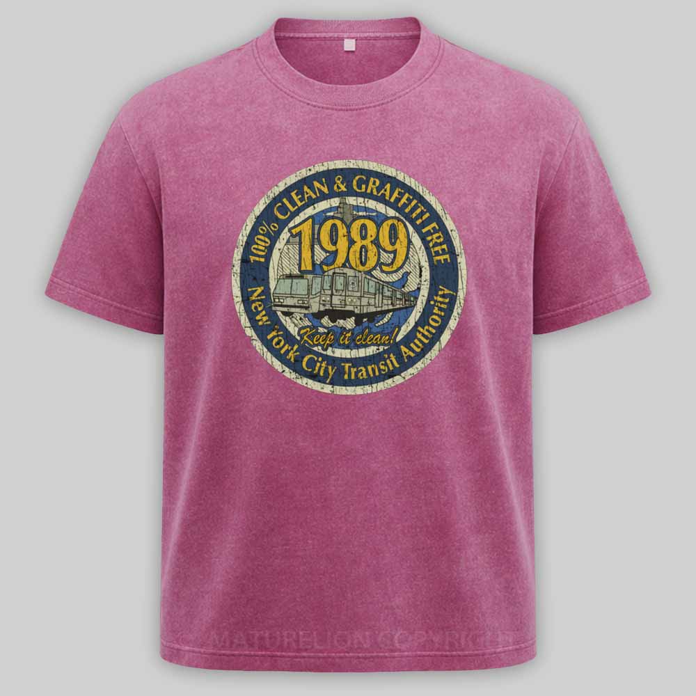 Maturelion Clean & Graffiti Free NYC – Retro Transit Badge 1989 Washed T-shirt