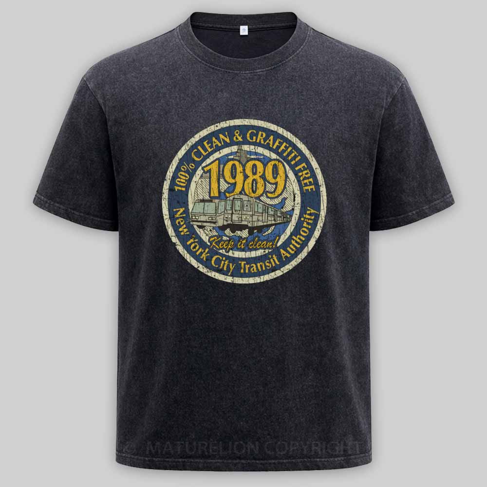 Maturelion Clean & Graffiti Free NYC – Retro Transit Badge 1989 Washed T-shirt
