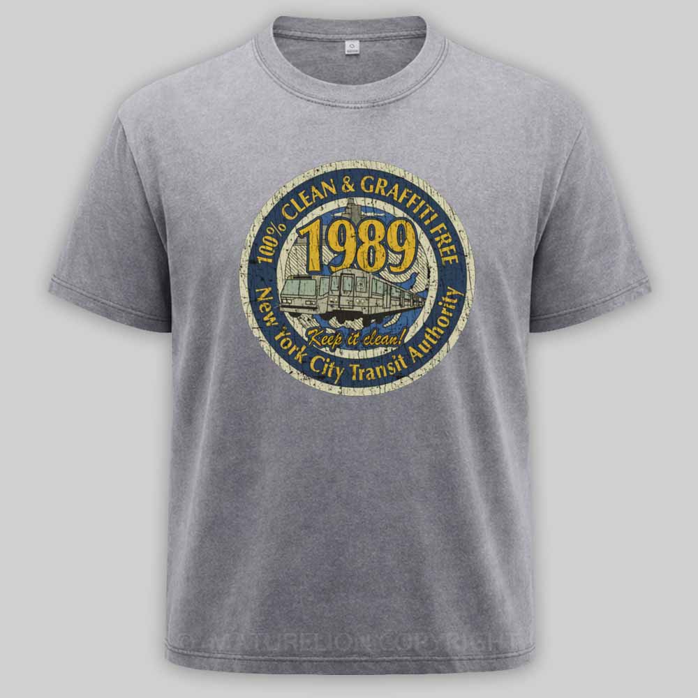 Maturelion Clean & Graffiti Free NYC – Retro Transit Badge 1989 Washed T-shirt