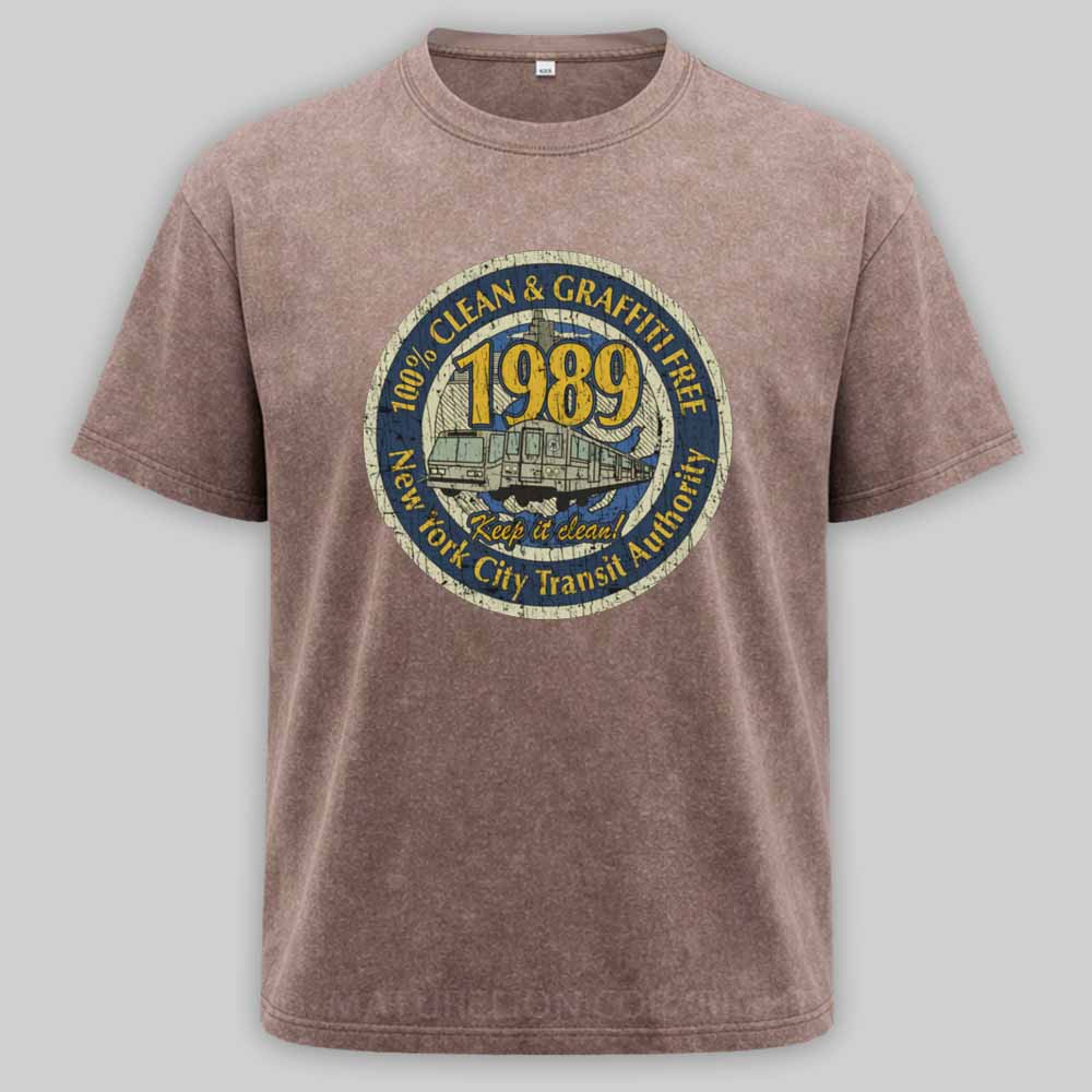 Maturelion Clean & Graffiti Free NYC – Retro Transit Badge 1989 Washed T-shirt