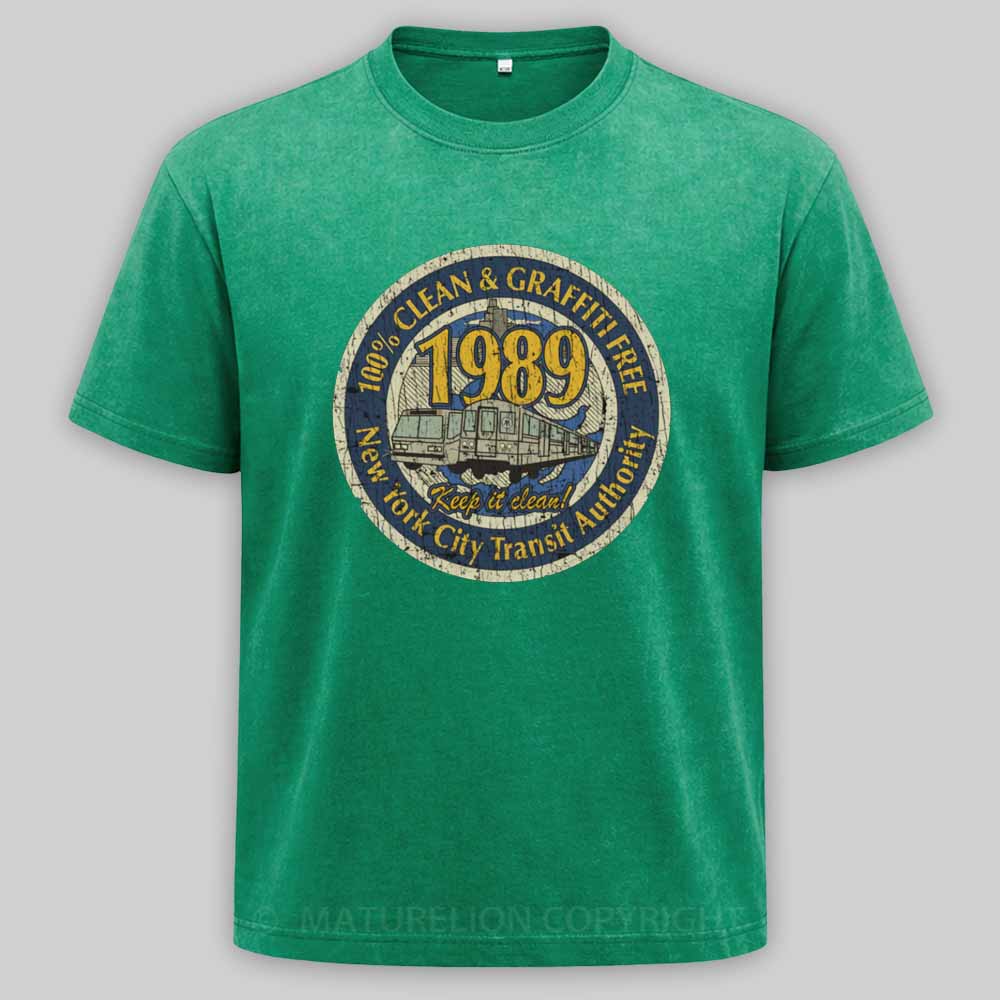 Maturelion Clean & Graffiti Free NYC – Retro Transit Badge 1989 Washed T-shirt