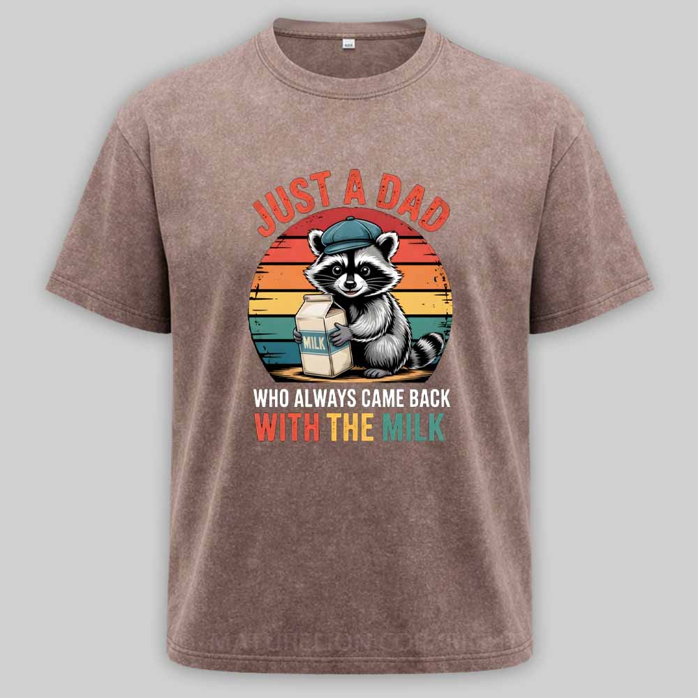 Maturelion Just A Dad Who Always Came Back With The Milk Retro Raccoon Washed T-shirt