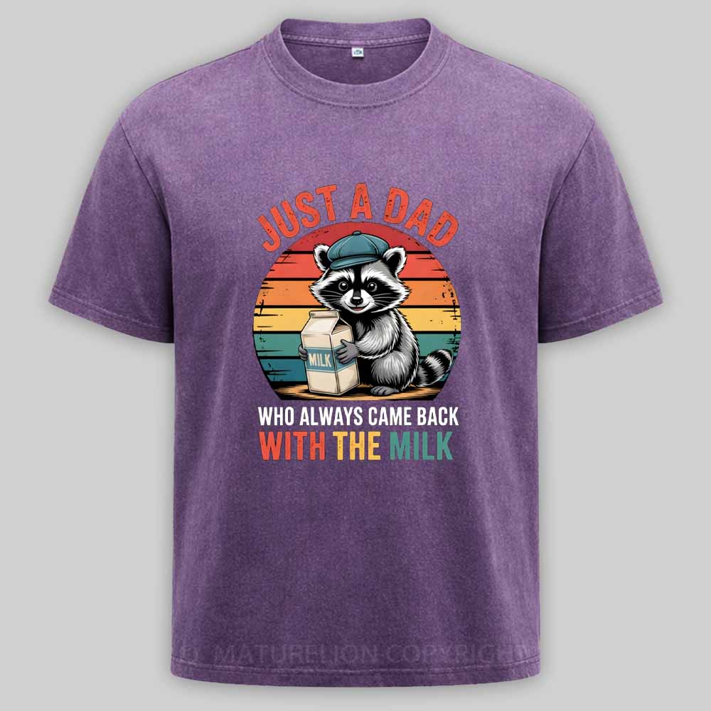 Maturelion Just A Dad Who Always Came Back With The Milk Retro Raccoon Washed T-shirt