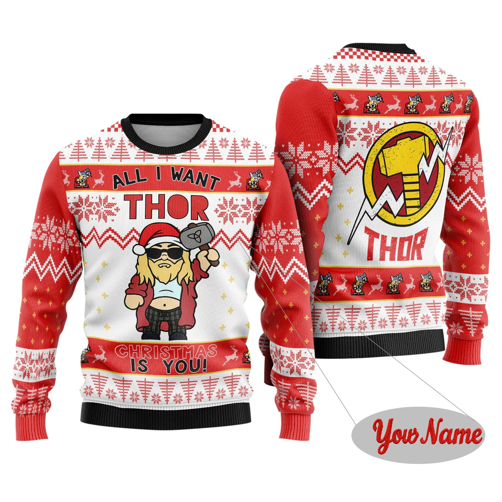 Maturelion Classical Funny Customize Your Name Red Ugly Christmas Sweater