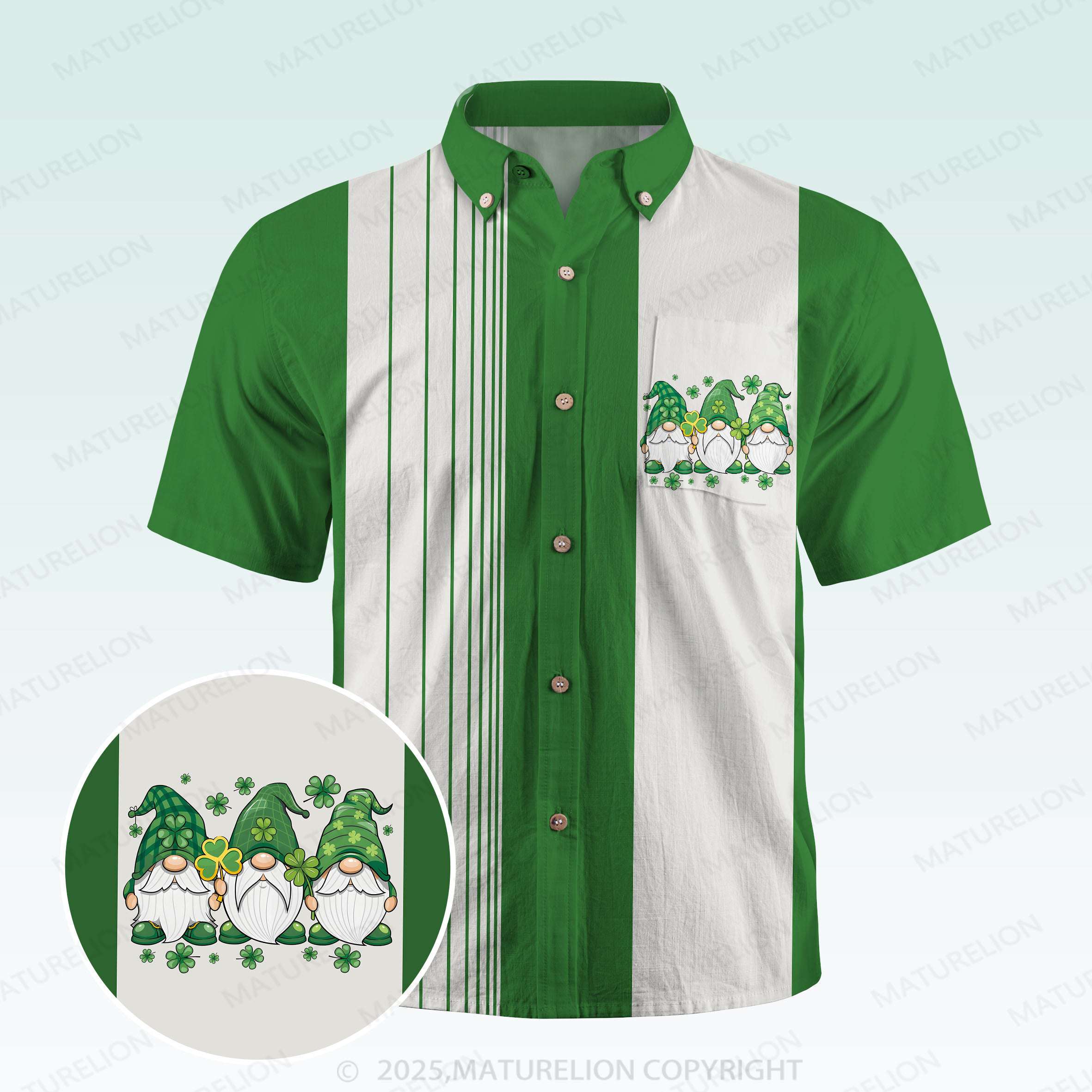 Maturelion St. Patrick's Button Pocket Shirt1950s Inspired St. Paddy's Day Print Hawaiian Shirt